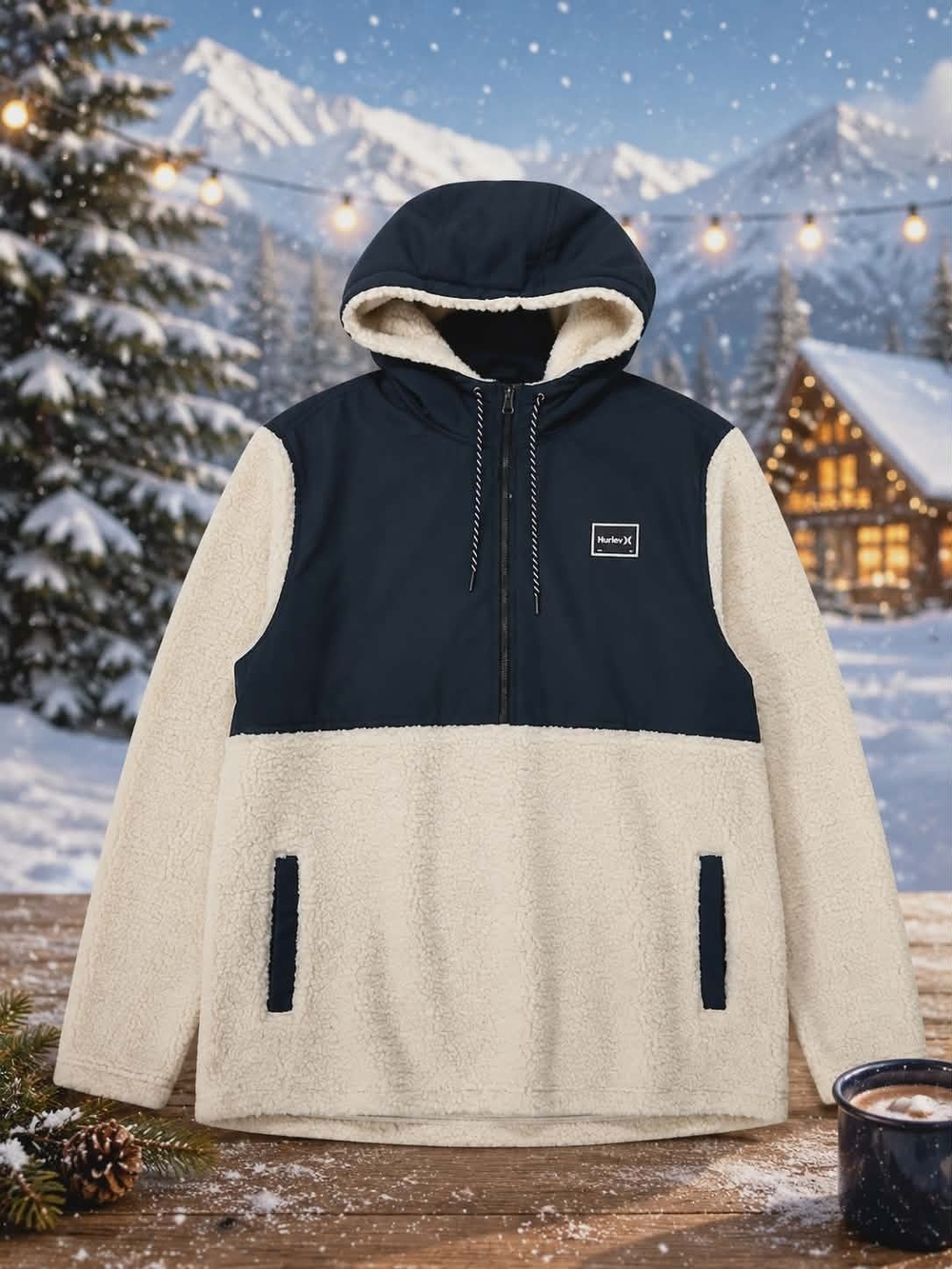 Hurley Sherpa Fleece Half-Zip Pullover Hoodie Men’s 2XL Cream Navy Hooded Jacket